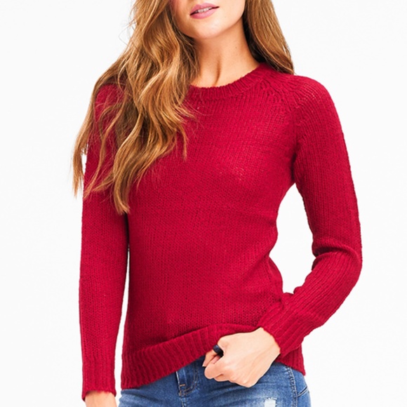 WINE BURGUNDY RED KNIT ROUND NECK LONG SLEEVE SWEA - Picture 1 of 3